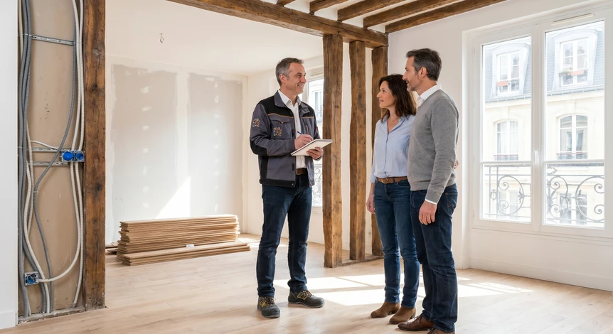 Photographie d'un artisan professionnel dans une maison en rénovation, discutant avec un couple de clients dans une pièce partiellement rénovée. L'artisan est en tenue de travail professionnelle, tenant un carnet de notes ou un tablet, souriant et établissant un contact visuel confiant. Le contexte montre clairement un chantier de rénovation intérieure (outils, matériaux, pièce transformée en arrière-plan), illustrant le rôle d'interlocuteur unique coordonnant la relation client du début à la fin.