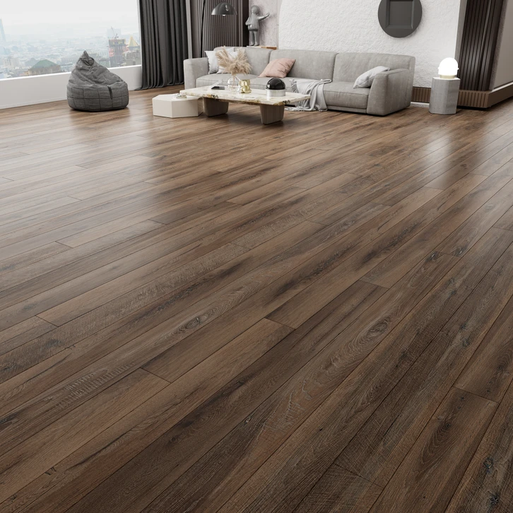 Sol intérieur en carrelage gris ardoise avec joints sombres, éclairage directionnel créant des zones d'ombre et de lumière