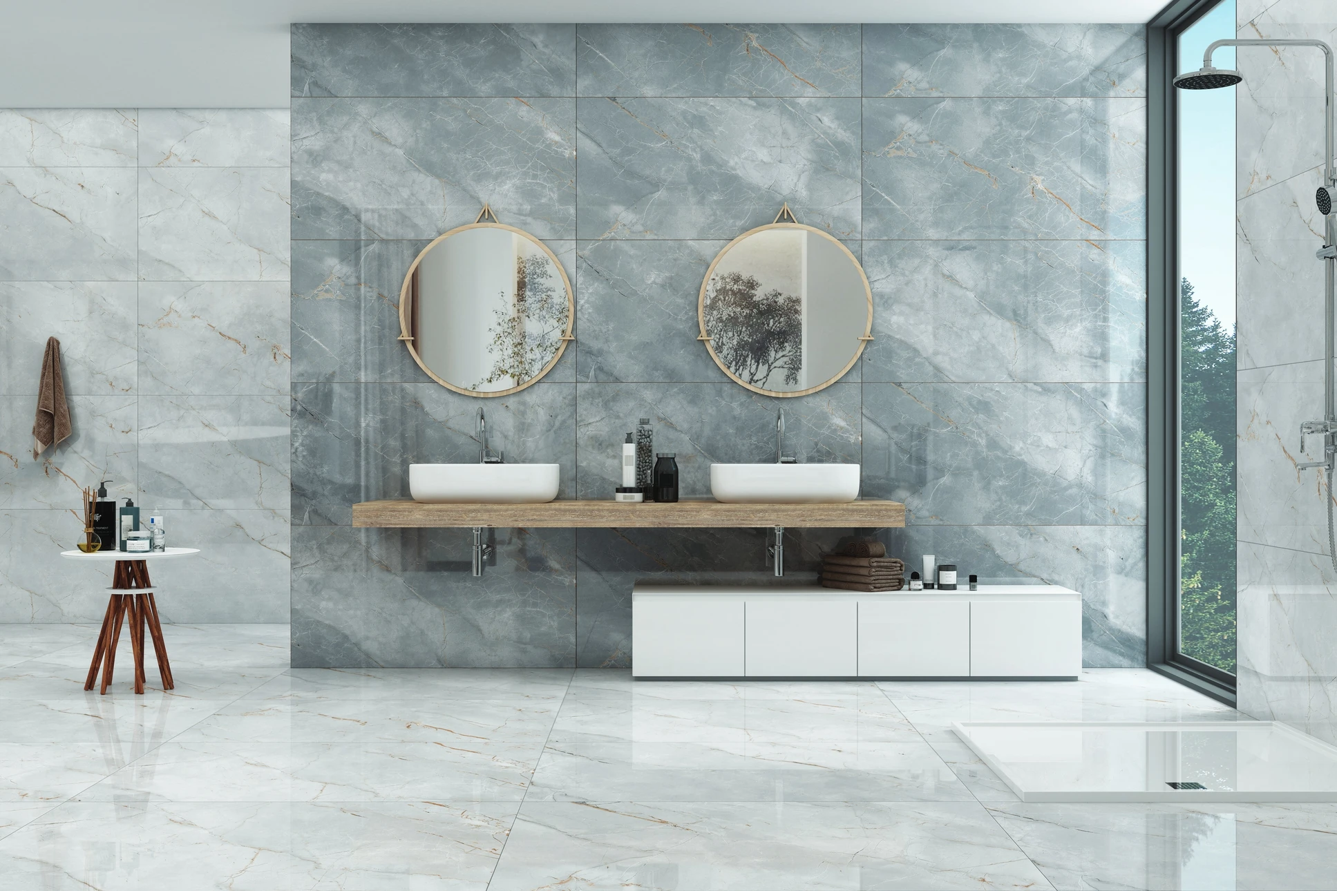 Salle de bain moderne avec douche à l'italienne, WC suspendu et vasque murale