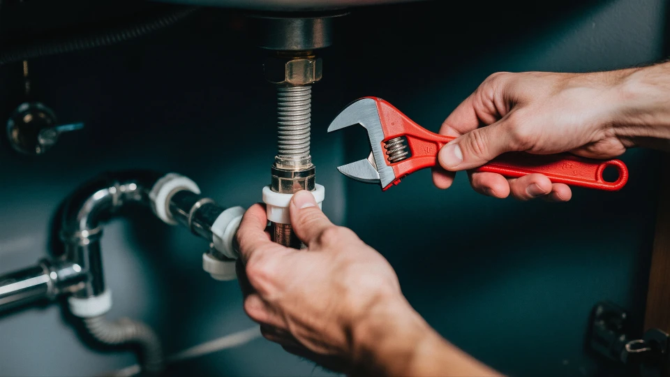 Artisan plombier en salopette rouge travaillant dans une salle de bain moderne blanche